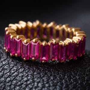 Baguette Ruby Eternity Band Gold, Crimson Pink Stone Eternity Ring, Dainty Stacking Wedding Band, Unique Anniversary Gift for Her