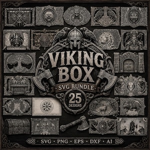 Może przedstawiać: Cyfrowa kolekcja 25 projektów graficznych o tematyce wikingów z napisem VIKING BOX SVG BUNDLE. Ilustracje przedstawiają misterne rzeźby hełmów, toporów, kruków, wilków, niedźwiedzi i mitycznych scen w stylu ciemnej, zwietrzałej kamiennej tekstury.