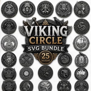 Può includere: Una collezione digitale di 25 disegni circolari a tema vichingo con intricate illustrazioni grigio metallizzato di guerrieri, animali, navi e simboli, centrata su un grande emblema con il testo VIKING CIRCLE SVG BUNDLE.