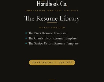 La bibliothèque de CV · 3 modèles de CV · Moderne, classique, exécutif · Économisez 29 % · The Handbook Co.