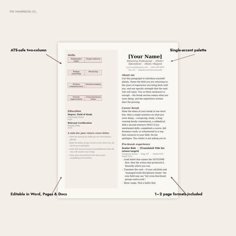 Return-to-Work Resume Template – Soft Serif Design, ATS-Friendly DOCX imagen 4