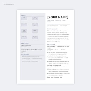 May include: A professional CV template document featuring a clean, two-column layout with a light grey sidebar. The text includes sections for Skills, Education, Pivot Summary, and Experience, with placeholders like [YOUR NAME] and bullet points.