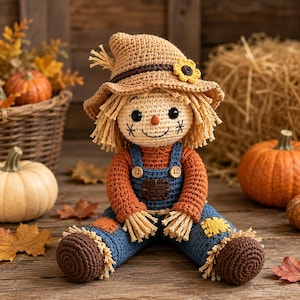 May include: A crocheted scarecrow doll wearing a tan hat with a yellow flower, an orange long-sleeve shirt, and blue overalls with brown patches. The doll has yarn hair, a stitched face, and brown feet, featuring a rustic, handcrafted appearance.