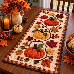 May include: A rectangular crochet table runner featuring a cream-colored base with a scalloped brown border. The design includes three dimensional crocheted pumpkins in orange and yellow, surrounded by dark brown vines, green leaves, and red berries.
