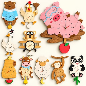 May include: A collection of ten wooden wall clocks featuring various animal designs including a bear, chicken, pig, goose, pilot bear, cow, sheep, monkey, and panda. Each clock has a unique pendulum element such as a honey pot, apple, or moon.