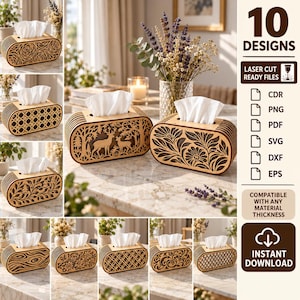 Oval Tissue Box Cover SVG Bundle, Wooden Tissue Holder Laser Cut Files, 10 Decorative Tissue Box Designs, Glowforge CNC Pattern