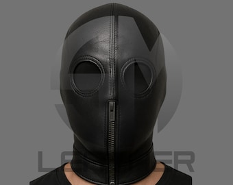 Leather Hood Mask Round Eye Holes Zipper, Genuine Leather Full Head Cover, Minimal Sleek Design