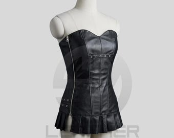 Genuine Leather Overbust Corset with Peplum | Sweetheart Neck Side Zip Lace Up Back | Gothic Waist Cincher | Steampunk | Made to Measure