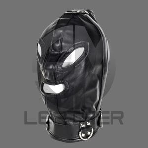May include: A black leather hood featuring a full-head design with cutouts for the eyes and mouth. The hood includes stitched paneling, a smooth texture, and a buckled collar at the base with a silver-toned metal D-ring attached for secure fastening.