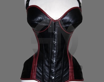 Black Leather Overbust Corset with Straps | Red Trim Steel Boned Waist Trainer | Front Busk Lace Up Back Custom Made
