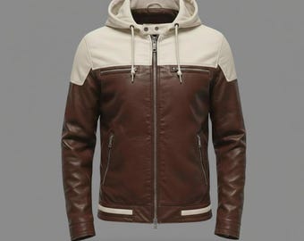 Chaqueta de cuero con capucha bicolor para hombre – Abrigo estilo motero marrón y blanco – Corte ajustado, hecha a mano, estilo streetwear