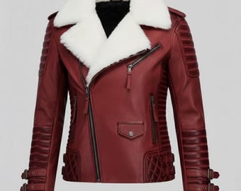 Chaqueta de cuero roja para mujer estilo motero – Abrigo motero con cuello de borrego blanco – Prenda de abrigo de invierno acolchada hecha a mano