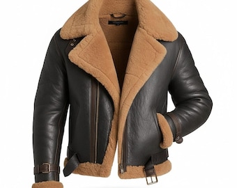 Chaqueta bomber de piel de oveja marrón oscuro para hombre – Abrigo de aviador B3 de cuero auténtico – Prenda de abrigo de invierno gruesa