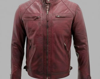 Chaqueta de cuero granate desgastado estilo café racer para hombre – Chaqueta de moto auténtica color burdeos con hombros acolchados