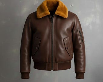 Chaqueta de aviador de cuero marrón para hombre – Abrigo bomber con cuello de borrego – Chaqueta de vuelo vintage hecha a mano