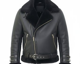 Chaqueta de aviador B3 de piel de oveja negra para hombre – Abrigo de vuelo de piel de vacuno auténtica