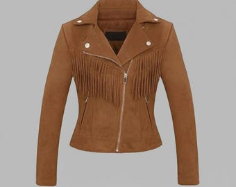 Chaqueta de mujer de ante marrón con flecos – Abrigo motero estilo western – Prenda de abrigo bohemia hecha a mano con borlas
