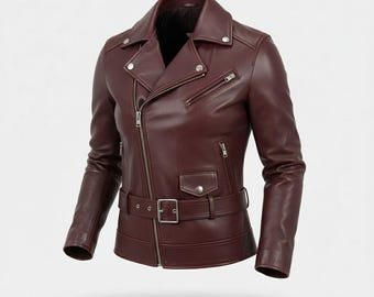 Chaqueta de cuero burdeos para mujer estilo motero – Auténtico abrigo de moto con cinturón – Corte ajustado, estilo urbano chic