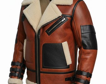 Chaqueta de aviador de piel de oveja color canela para hombre – Abrigo bomber B3 de cuero marrón – Prendas de abrigo de lujo para vuelos de invierno