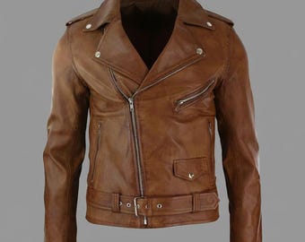 Chaqueta de cuero marrón para hombre estilo motero – Abrigo de moto vintage desgastado, corte ajustado, estilo café racer