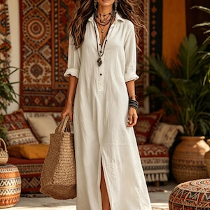 Puede incluir: Una mujer con un vestido largo blanco abotonado con mangas enrolladas, sosteniendo un bolso tote tejido. El fondo presenta textiles estampados y elementos decorativos, sugiriendo un estilo bohemio o de resort.
