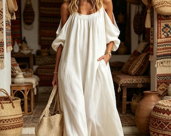 Übergroßes Maxikleid mit kalter Schulter, Leinen-Baumwollmischung, Puffärmeln, Taschen, Boho Sommerstil