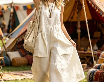 Oversized Sleeveless Maxi Dress, Breathable Fabric, Large Utility Pockets, Boho Style
