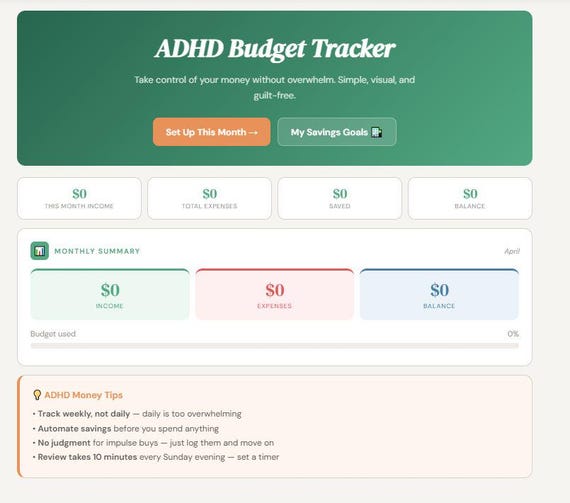 ADHD Budget Tracker & Money Planner — Interactive Digital Finance Tool Printable | Neurodivergent Money Management