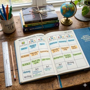 May include: An open weekly homeschool planner with handwritten schedules for math, reading, science, history, art, and writing. Beside it are a ruler, a pencil, a mug labeled HOMESCHOOL TEA, a stack of books tied with twine, and a small globe.