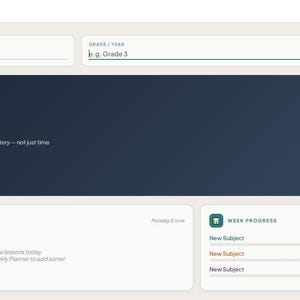 Może przedstawiać: Cyfrowy interfejs pulpitu nawigacyjnego ADHD Homeschool Planner z ciemnoniebieskim paskiem bocznym, polami wprowadzania imienia, klasy i roku oraz centralnym banerem z tekstem Structure your learning day.