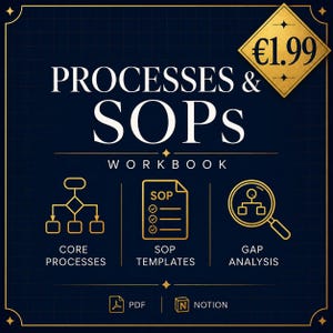 Può includere: Una copertina di cartella di lavoro digitale blu scuro intitolata PROCESSES & SOPs WORKBOOK in testo bianco. Presenta icone dorate per processi, modelli SOP e analisi delle lacune. Include loghi PDF e Notion con un'etichetta di prezzo dorata.