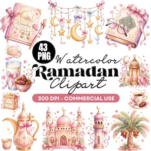 Może przedstawiać: Kolekcja akwarelowych grafik clipart na Ramadan, zawierająca dziennik z napisem Ramadan Journal, wiszące ozdoby w kształcie księżyców i gwiazd, książkę z okularami, szklankę mleka z daktylami, latarnię, imbryk, meczet oraz palmę daktylową.
