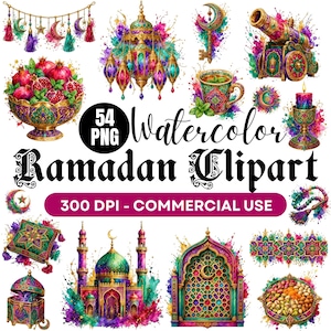 Könnte beinhalten: Eine Sammlung von 54 Aquarell-Ramadan-Clipart-PNG-Dateien mit lebendigen Illustrationen von Laternen, Granatäpfeln, einer Kanone, einer Moschee, einem Halbmond, einer Teetasse, einer Kerze, einem dekorativen Bogen und Gebetsketten mit bunten Farbspritzern.