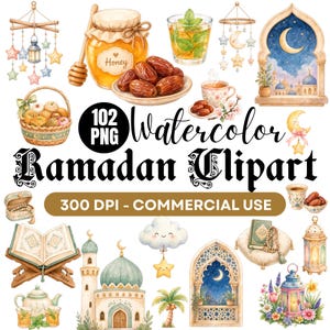 Könnte beinhalten: Eine Sammlung von Aquarellillustrationen mit Ramadan-Motiven, darunter ein Honigglas, Datteln, ein Fenster mit Mondsichel, eine Moschee, eine Laterne, ein Gebetsbuch auf einem Ständer sowie dekorative Mobiles mit Sternen und Monden.