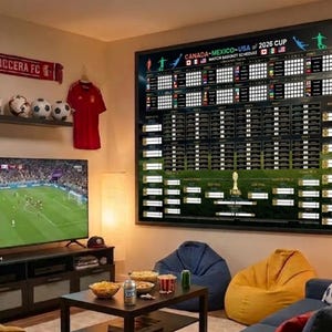 May include: A living room setup with a large screen TV showing a soccer game. A framed 2026 World Cup bracket schedule hangs on the wall. Soccer balls, a jersey, and a scarf are displayed. Bean bag chairs and a sofa complete the space.