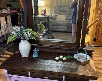 1950s Serpentine Vintage Tiger Oak Dresser with Mirror