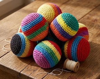 Retro Crochet Hacky Sack, Hand-Stitched Rainbow Footbag, High-Density Juggling Ball, 90s Vintage Nostalgia Outdoor Game Screen-Free Toy Gift