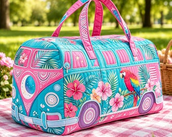 Quilted Camper Van Duffle Bag Tropical Travel Bag Weekend Getaway Bag Boho Road Trip Gym Bag Floral Carryall Gift Bag