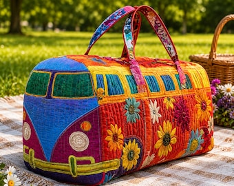 Kolorowa pikowana torba podróżna w kwiaty, hipisowski wzór, weekendowa torba podróżna w stylu boho, torba na siłownię, płócienna torba na prezent dla niej w stylu festiwalowym