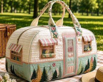 Bolso de viaje acolchado estilo campestre en tonos pastel, ideal para escapadas de fin de semana o acampada. Bolso de mano retro para mujer.