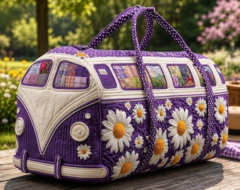 Quilted Camper Van Duffle Bag Floral Travel Bag Retro Weekender Boho Carry On Gym Tote Road Trip Luggage Gift Bag
