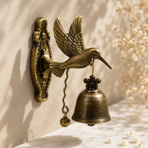 Antique Style Hummingbird Brass Bell, Vintage Bird Wall Decor, Rustic Garden Accent