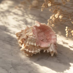 May include: A large, textured seashell with a pink interior, filled with small, translucent pink crystals. The shell has a light beige exterior and is resting on a marble surface. Dried flowers are in the background.