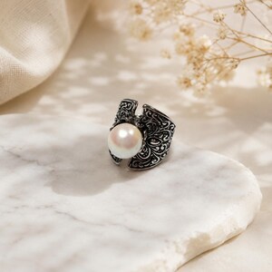 Vintage Filigree Pearl Statement Ring, Adjustable Scrollwork, Antique Silver Tone Bohemian Jewelry