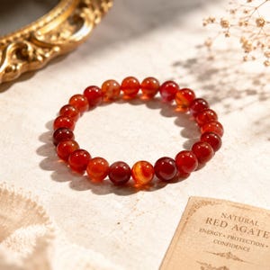 Puede incluir: Una pulsera circular compuesta por cuentas de ágata roja pulidas y translúcidas. Las cuentas muestran tonos variados de rojo intenso y naranja con patrones de bandas naturales. Una tarjeta cercana incluye el texto NATURAL RED AGATE ENERGY PROTECTION CONFIDENCE.