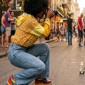 May include: A street scene with a person taking a photo of a musician playing a saxophone. The photographer wears a yellow jacket, blue jeans, and rainbow platform shoes. The musician plays in front of a crowd on a city street.