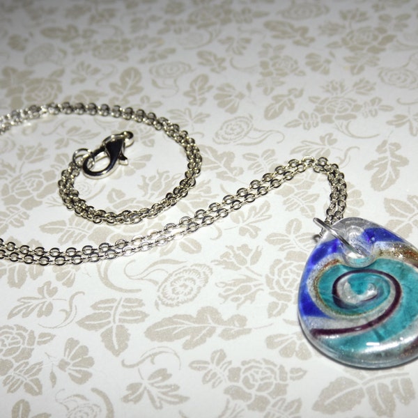Teal Cobalt Swirl Glass Pendant Necklace