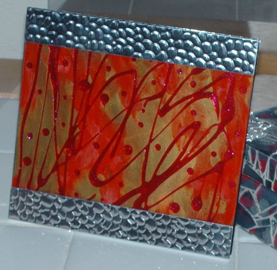 Gold Scarlet Glass Table Art Etsy