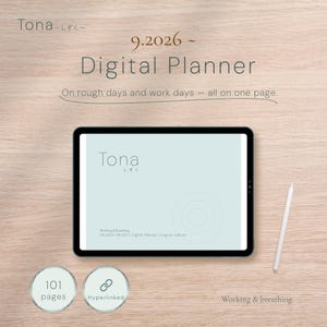 Tona -Shizuku- Digital Planner Sep 2026 - Aug 2027 | Work & Health Tracker for Women | Hyperlinked PDF for GoodNotes Notability | 101 Pages