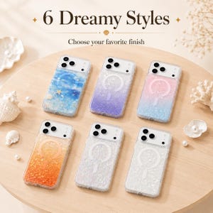 Könnte beinhalten: Sechs Smartphone-Hüllen mit magnetischen Laderingen in verschiedenen Glitzer-Ausführungen, darunter Meeresblau, Violett, Rosa-Blau-Verlauf, Orange, irisierend und Weiß. Der Text 6 Dreamy Styles und Choose your favorite finish ist sichtbar.